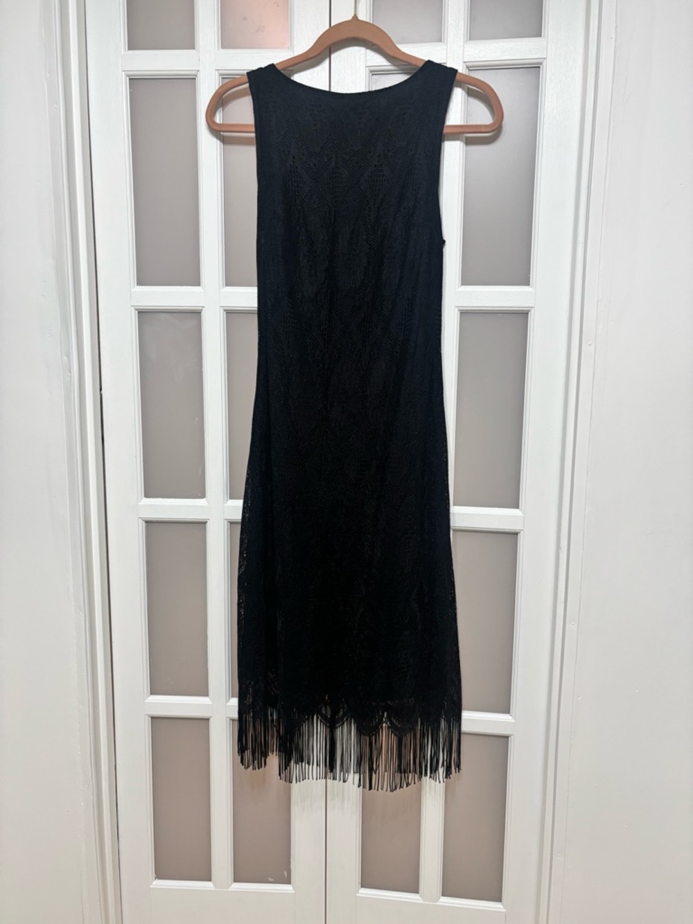 Hourglass Black Fringe Lace Dress XL Sleeveless 90s Flapper Midi Goth - Picture 9 of 11